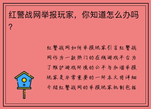 红警战网举报玩家，你知道怎么办吗？